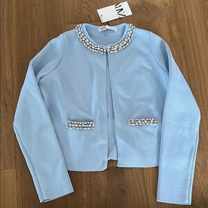 Zara Sky Blue Jacket with Jeweled Collar - Sz S